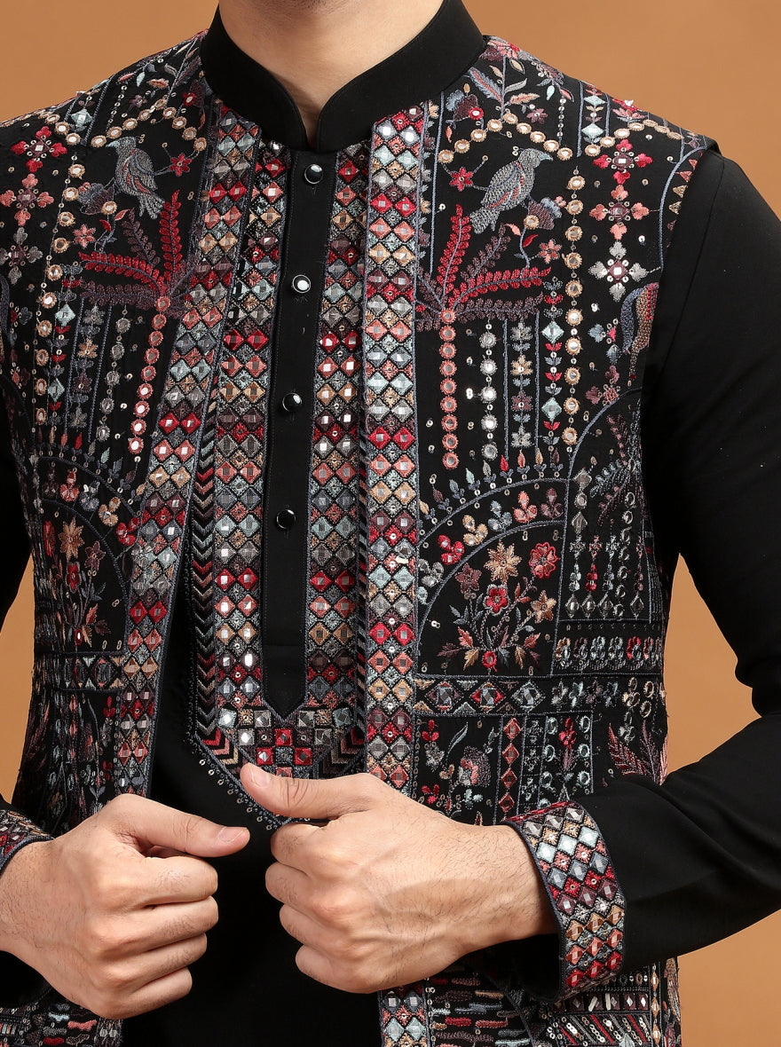Black Embroidered Kurta Pajama with Koti | TULA
