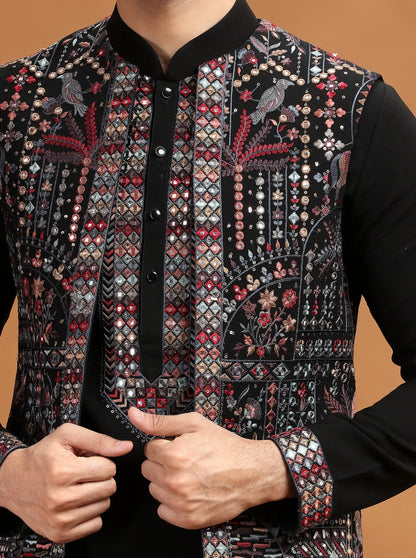 Black Embroidered Kurta Pajama with Koti | TULA