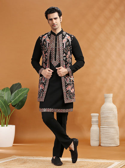 Black Embroidered Kurta Pajama with Koti | TULA