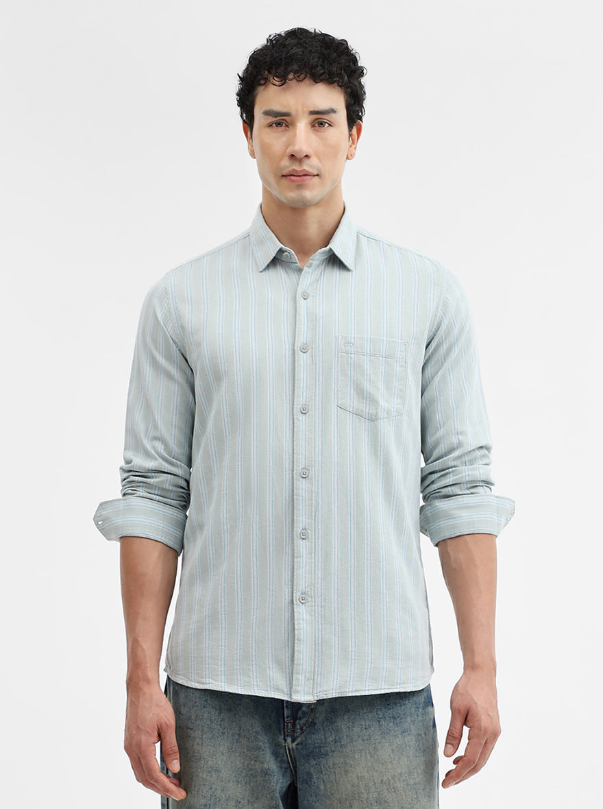 Green Striped Slim Fit Casual Shirt | JadeBlue