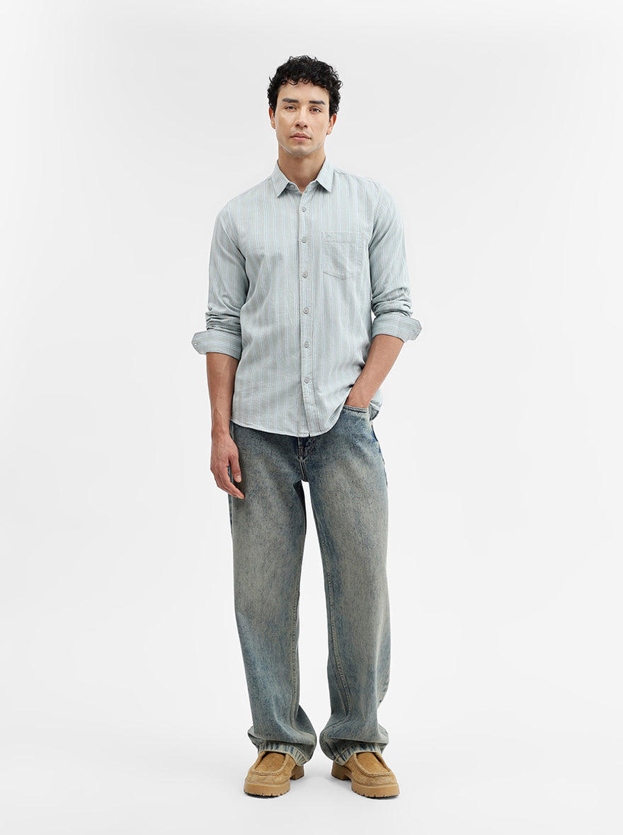Green Striped Slim Fit Casual Shirt | JadeBlue