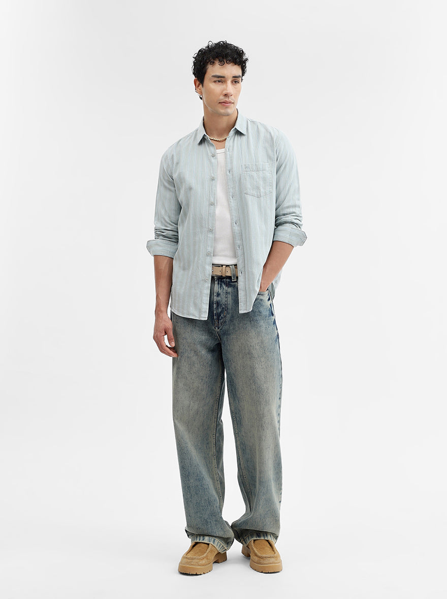 Green Striped Slim Fit Casual Shirt | JadeBlue