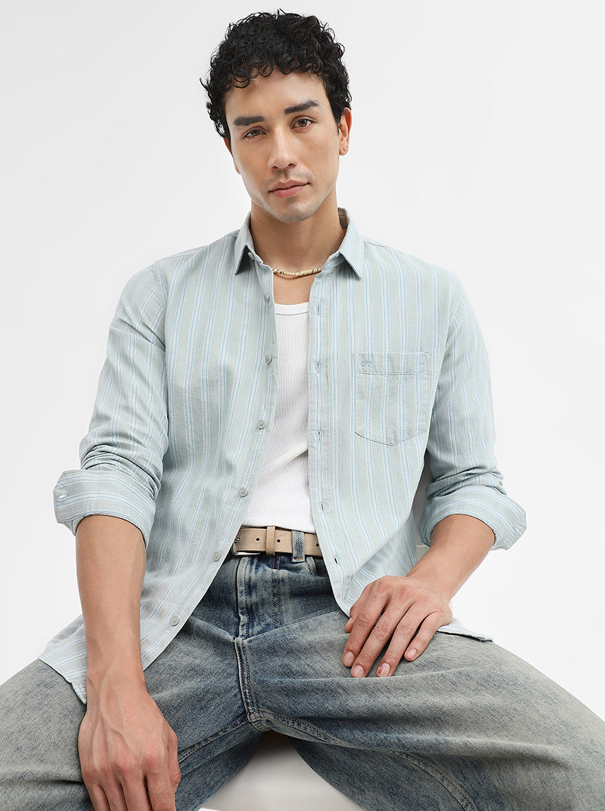 Green Striped Slim Fit Casual Shirt | JadeBlue