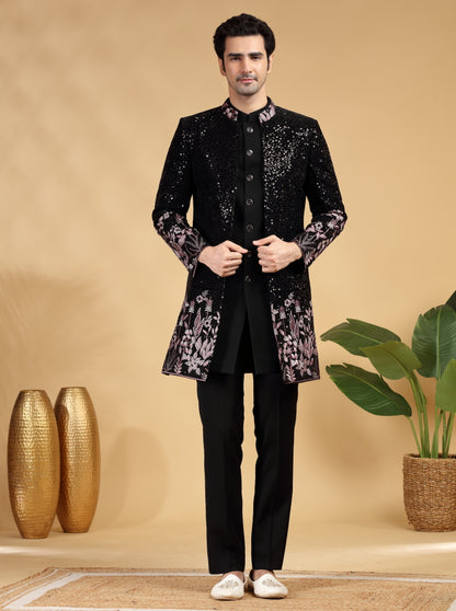Black & Pink Embroidered Indowestern | TULA