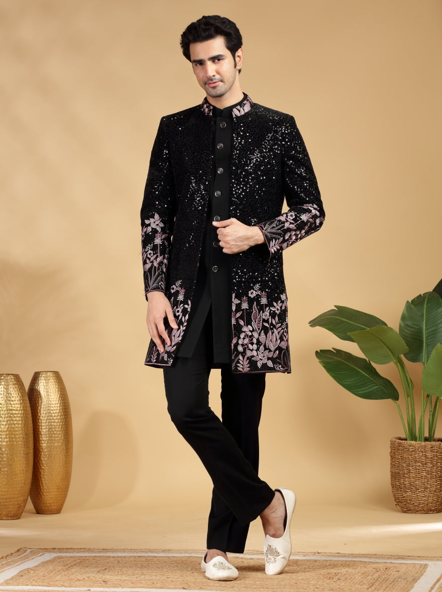 Black & Pink Embroidered Indowestern | TULA