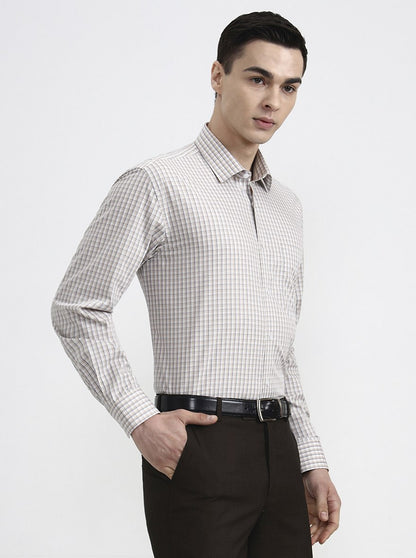 Fawn & Blue Checked Regular Fit Formal Shirt | JadeBlue