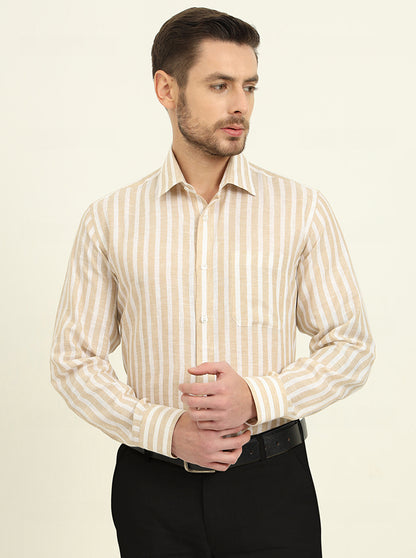 Beige & White Striped Regular Fit Formal Shirt | JadeBlue