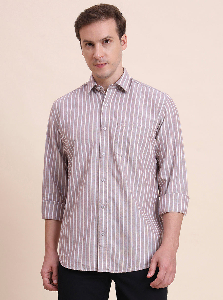 Brown Striped Tailored Fit Semi Casual Shirt | JadeBlue