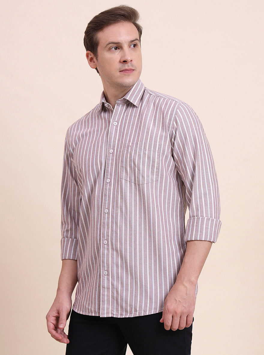 Brown Striped Tailored Fit Semi Casual Shirt | JadeBlue