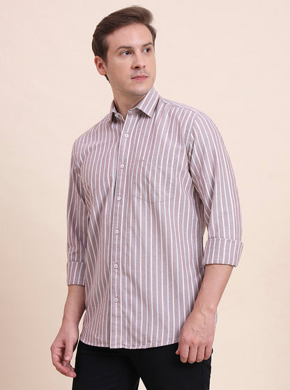 Brown Striped Tailored Fit Semi Casual Shirt | JadeBlue