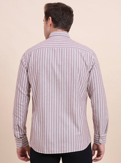 Brown Striped Tailored Fit Semi Casual Shirt | JadeBlue