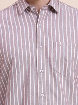 Brown Striped Tailored Fit Semi Casual Shirt | JadeBlue