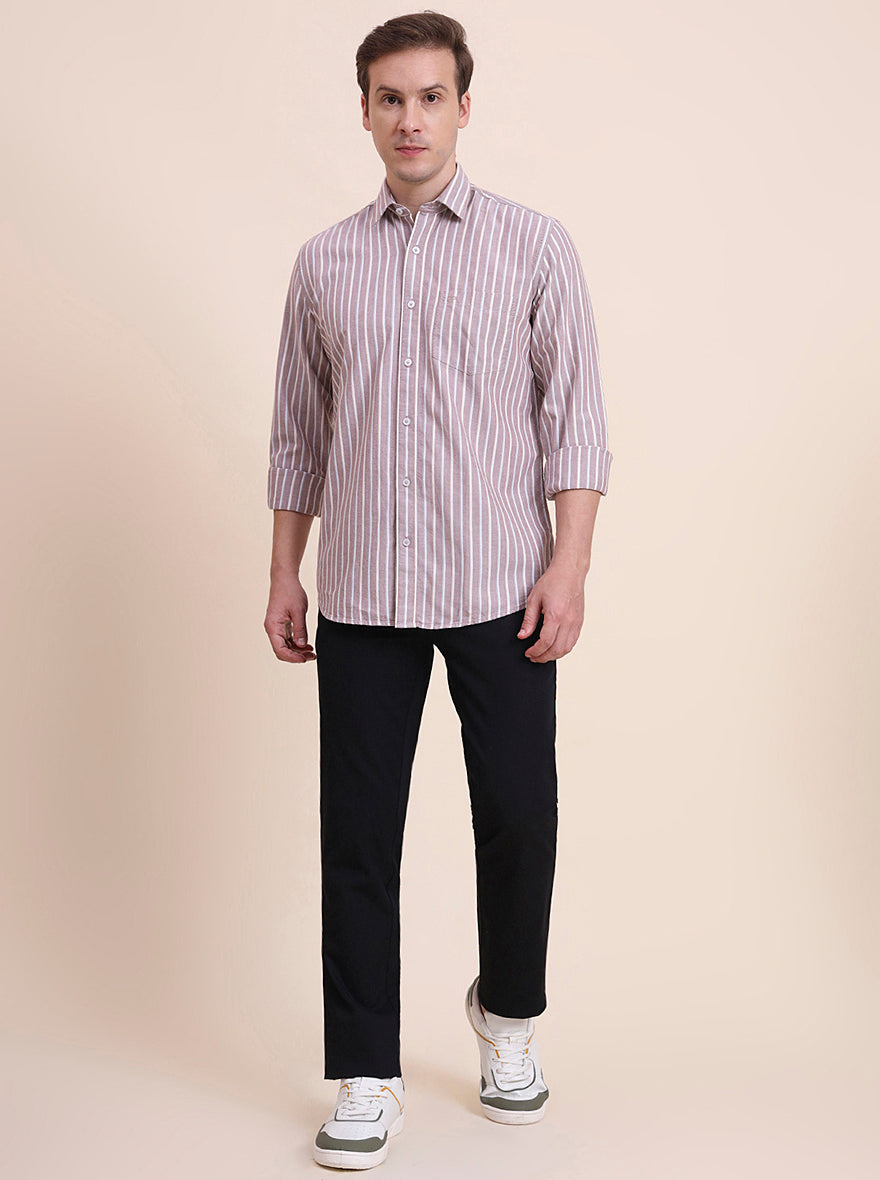 Brown Striped Tailored Fit Semi Casual Shirt | JadeBlue