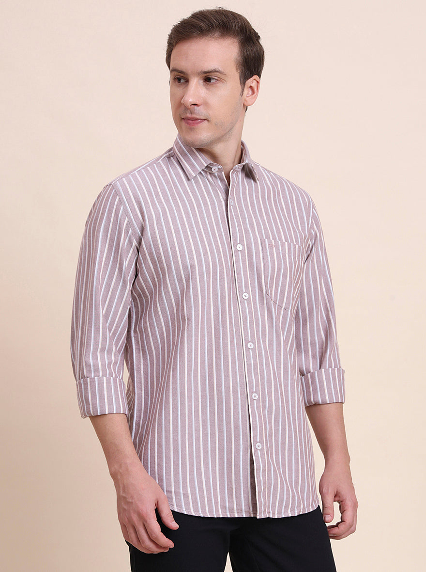 Brown Striped Tailored Fit Semi Casual Shirt | JadeBlue