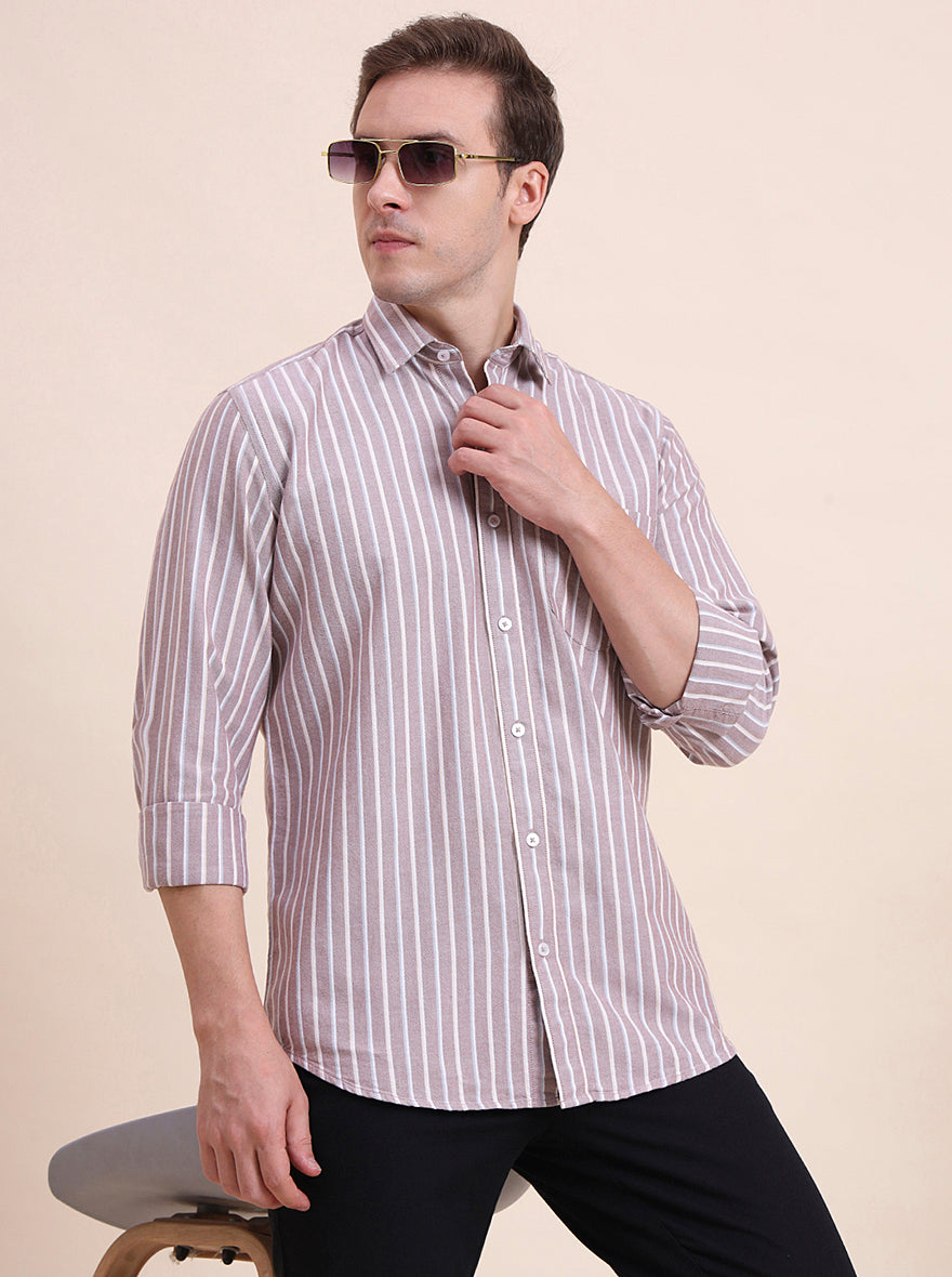 Brown Striped Tailored Fit Semi Casual Shirt | JadeBlue