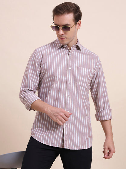 Brown Striped Tailored Fit Semi Casual Shirt | JadeBlue