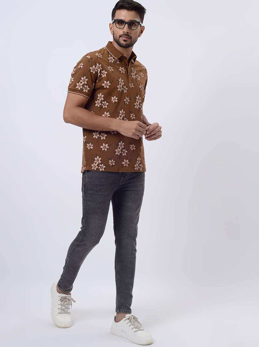 Brown Printed Slim Fit Polo T-Shirt | JadeBlue