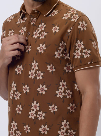 Brown Printed Slim Fit Polo T-Shirt | JadeBlue