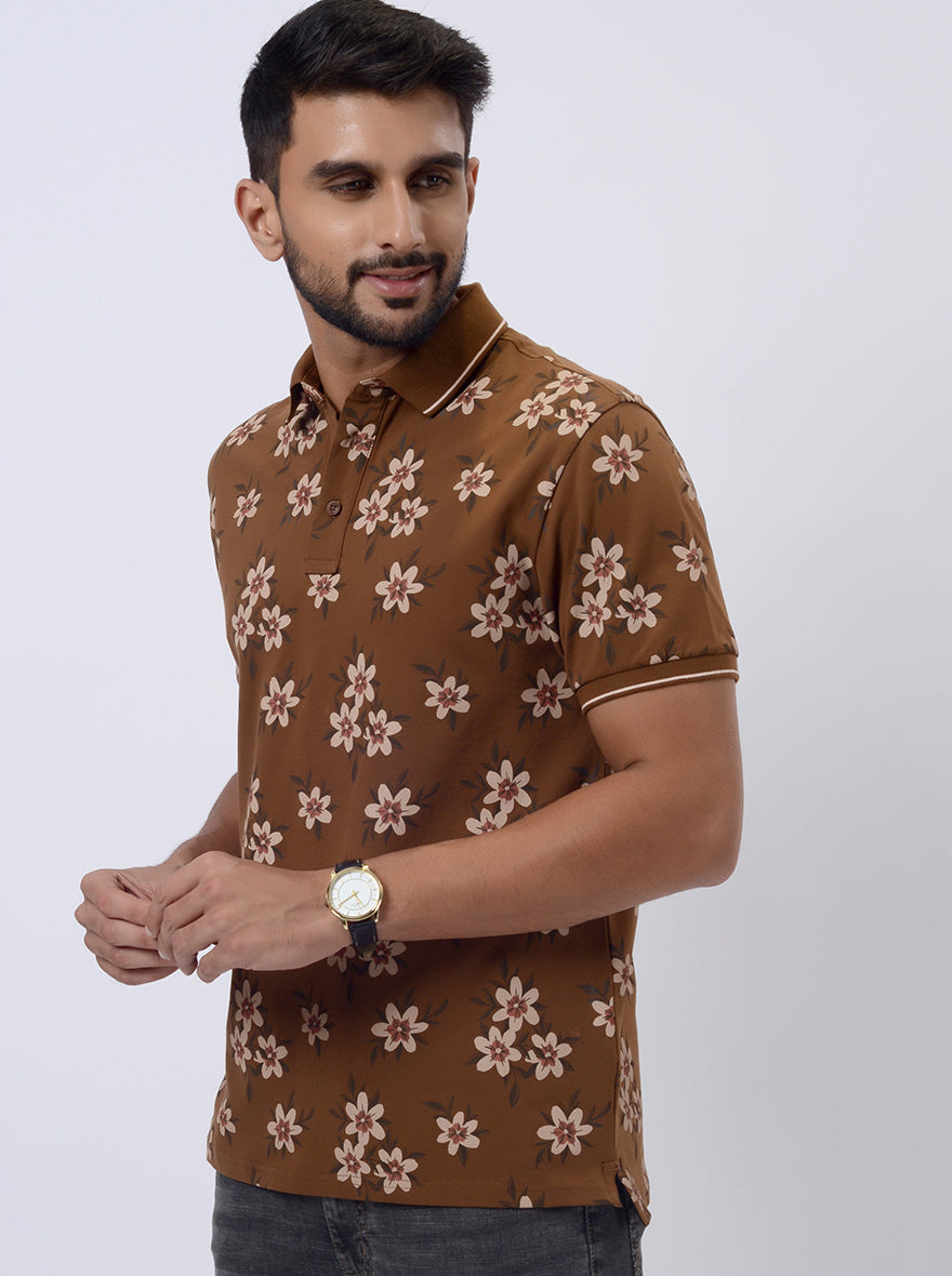 Brown Printed Slim Fit Polo T-Shirt | JadeBlue
