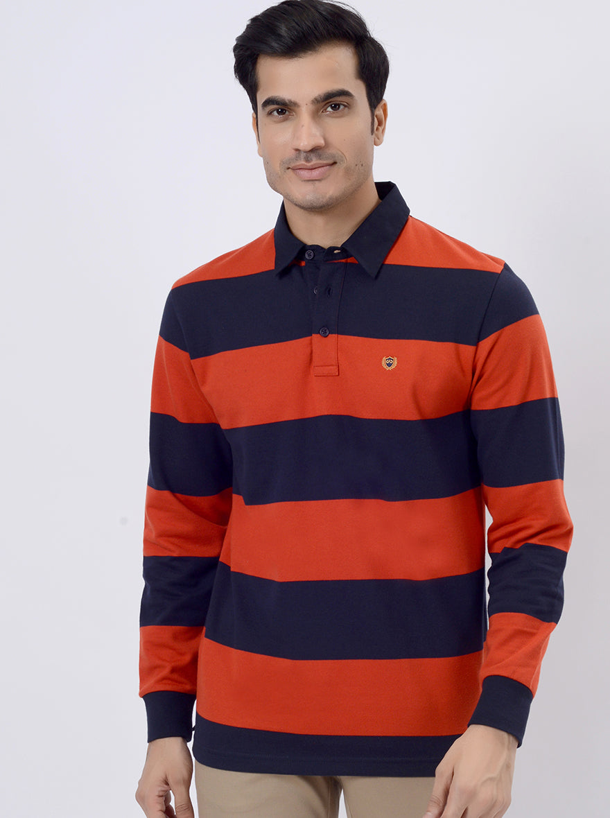 JadeBlue Red Navy Blue 100% Cotton Striped Polo T-Shirt Slim