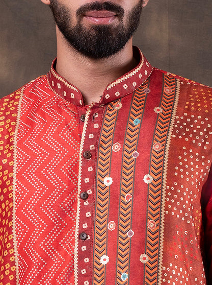 Red & Orange Printed  Kurta Pajama | TULA