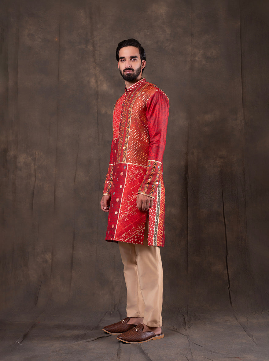 Red & Orange Printed  Kurta Pajama | TULA