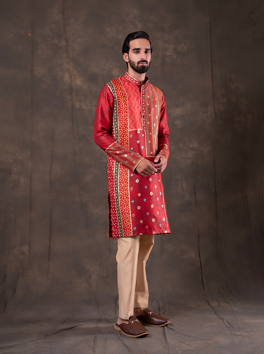 Red & Orange Printed  Kurta Pajama | TULA