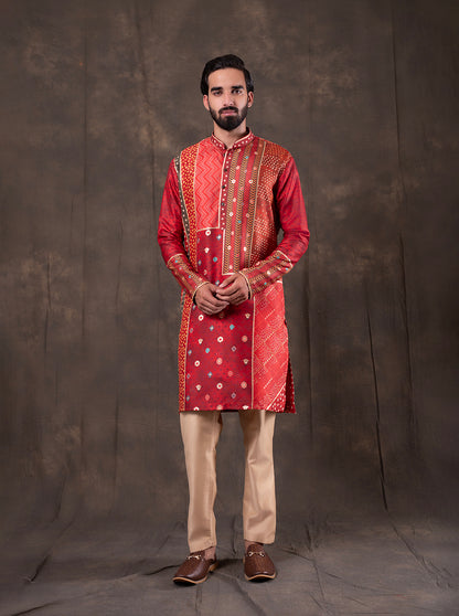 Red & Orange Printed  Kurta Pajama | TULA