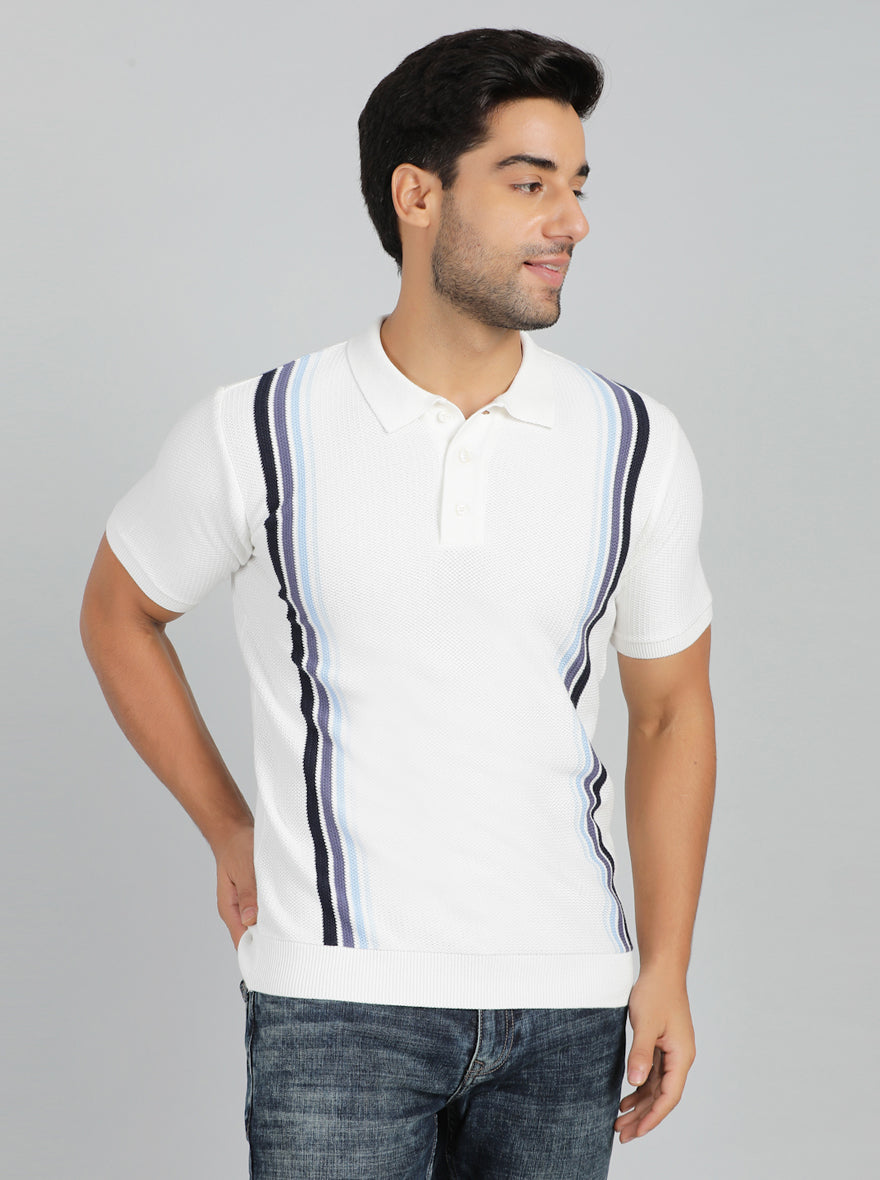 White Striped Slim Fit Winter T-Shirt | JadeBlue