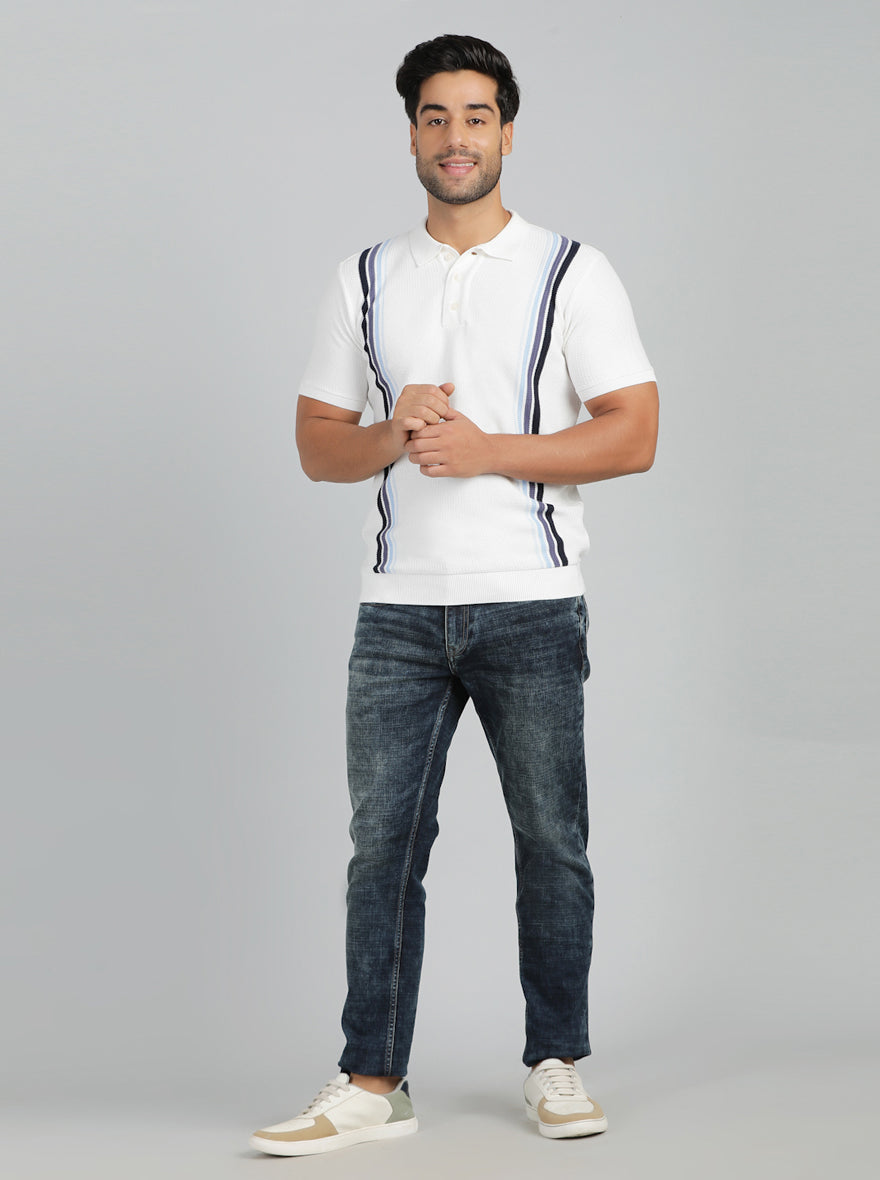 White Striped Slim Fit Winter T-Shirt | JadeBlue