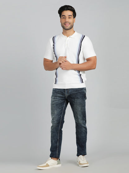 White Striped Slim Fit Winter T-Shirt | JadeBlue