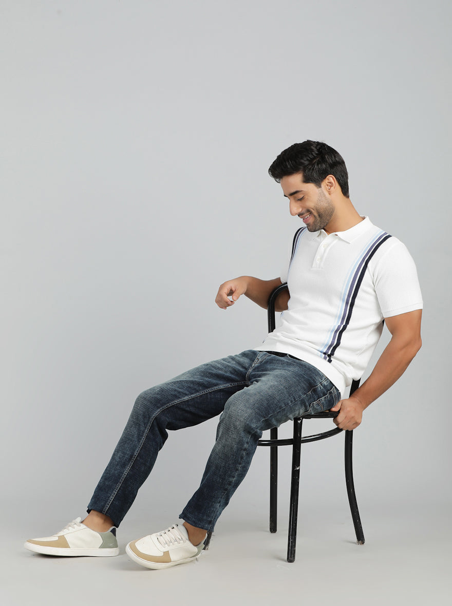 White Striped Slim Fit Winter T-Shirt | JadeBlue