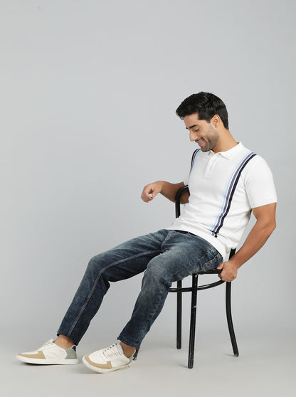 White Striped Slim Fit Winter T-Shirt | JadeBlue