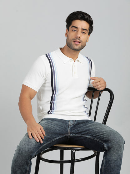 White Striped Slim Fit Winter T-Shirt | JadeBlue