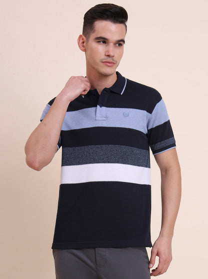 Blue & White Striped Slim Fit Polo T-Shirt | Greenfibre