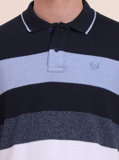 Blue & White Striped Slim Fit Polo T-Shirt | Greenfibre