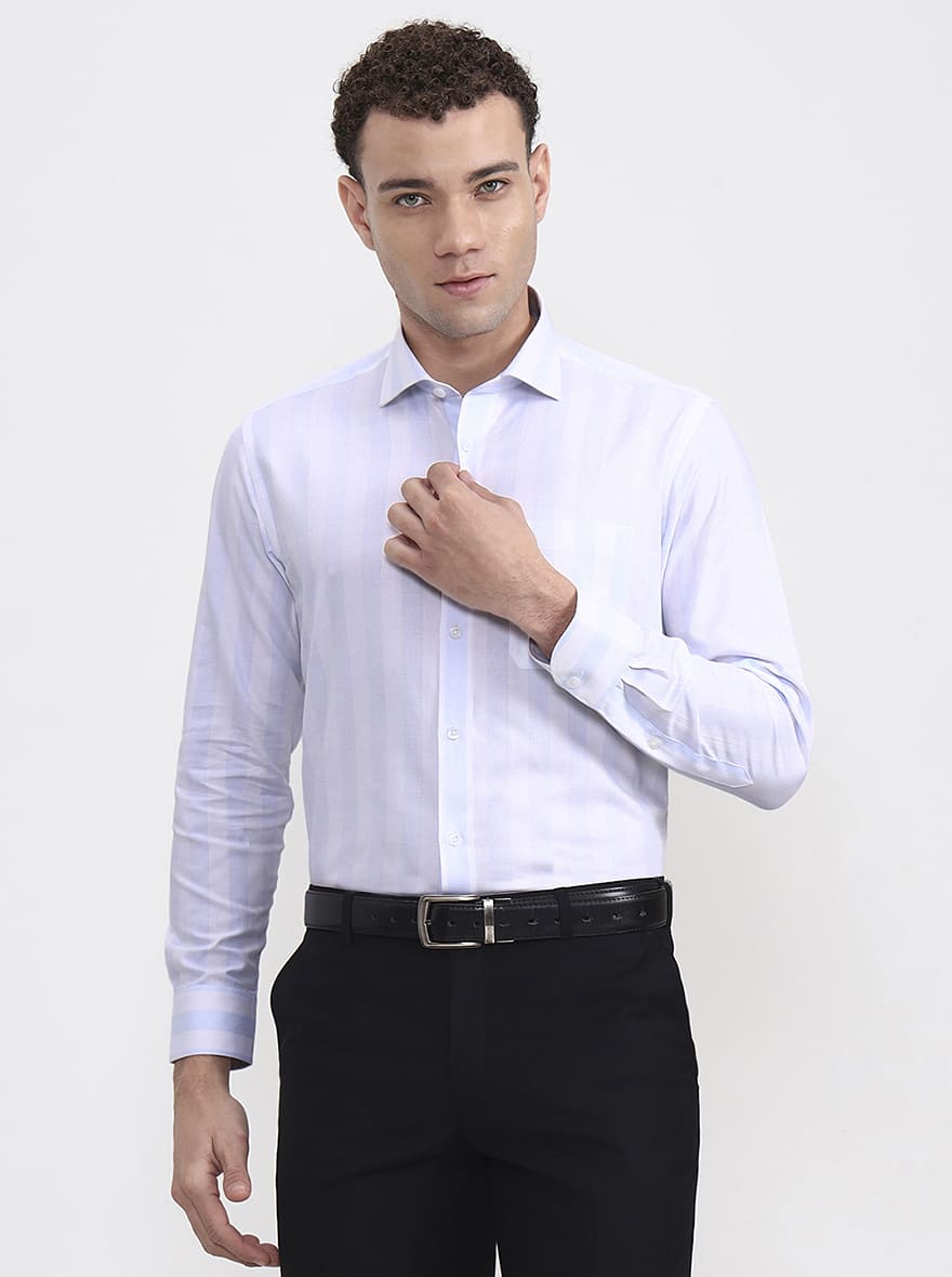 White & Blue Striped Slim Fit Formal Shirt | Metal