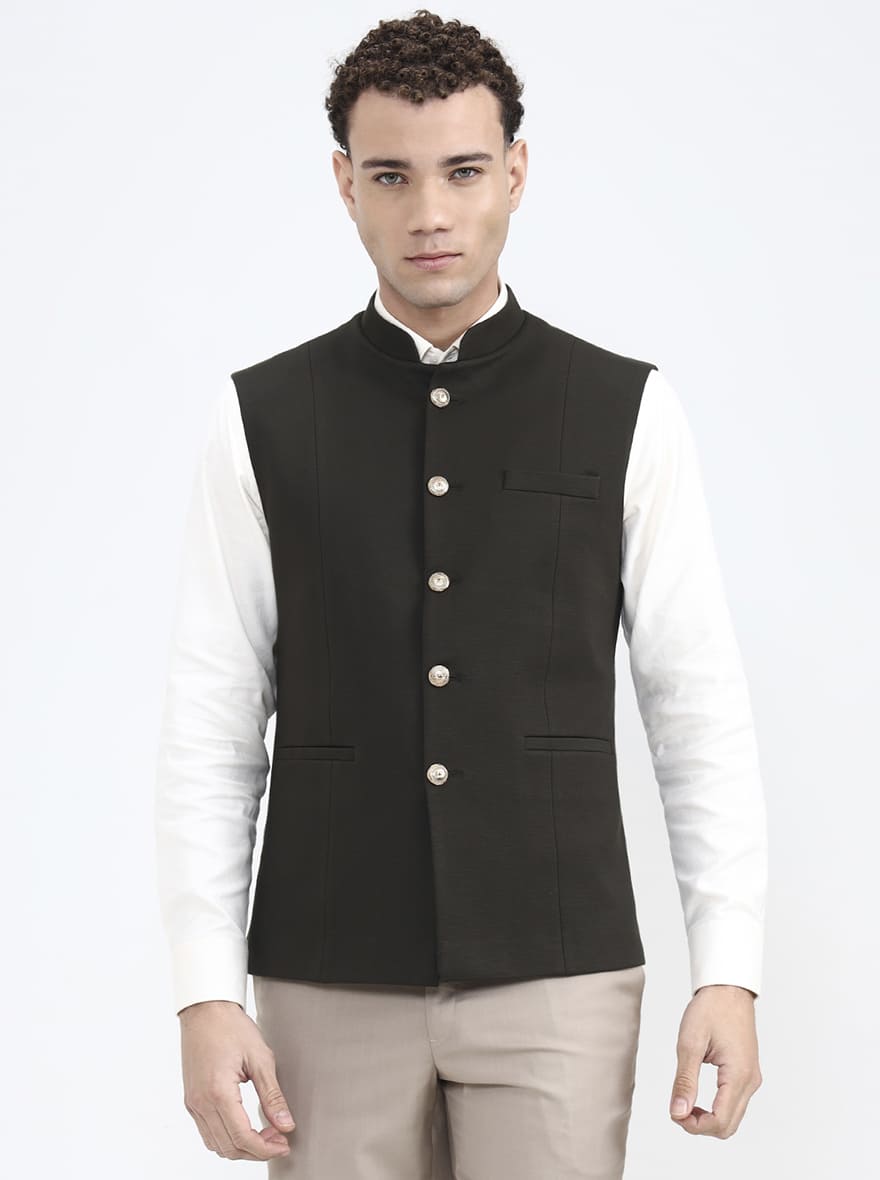 Olive Green Solid Regular Fit Waistcoat | JB X JB