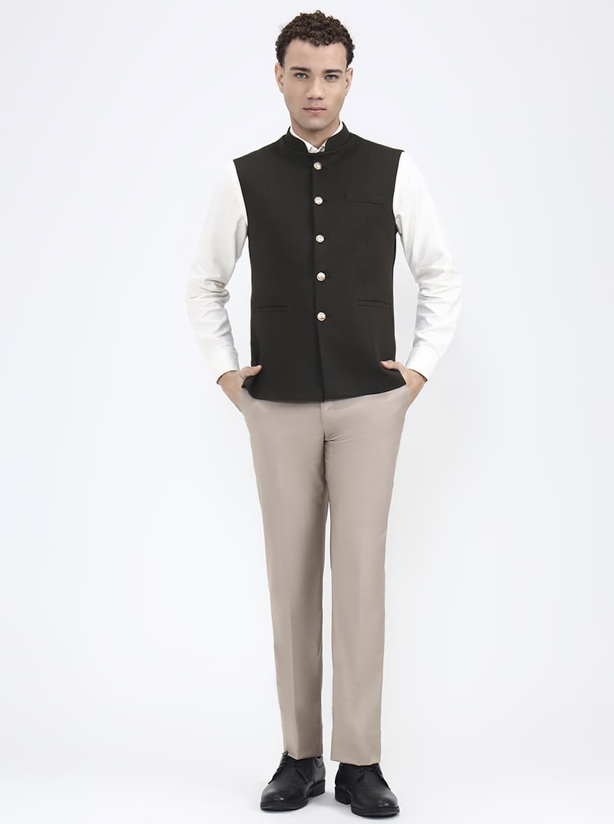 Olive Green Solid Regular Fit Waistcoat | JB X JB