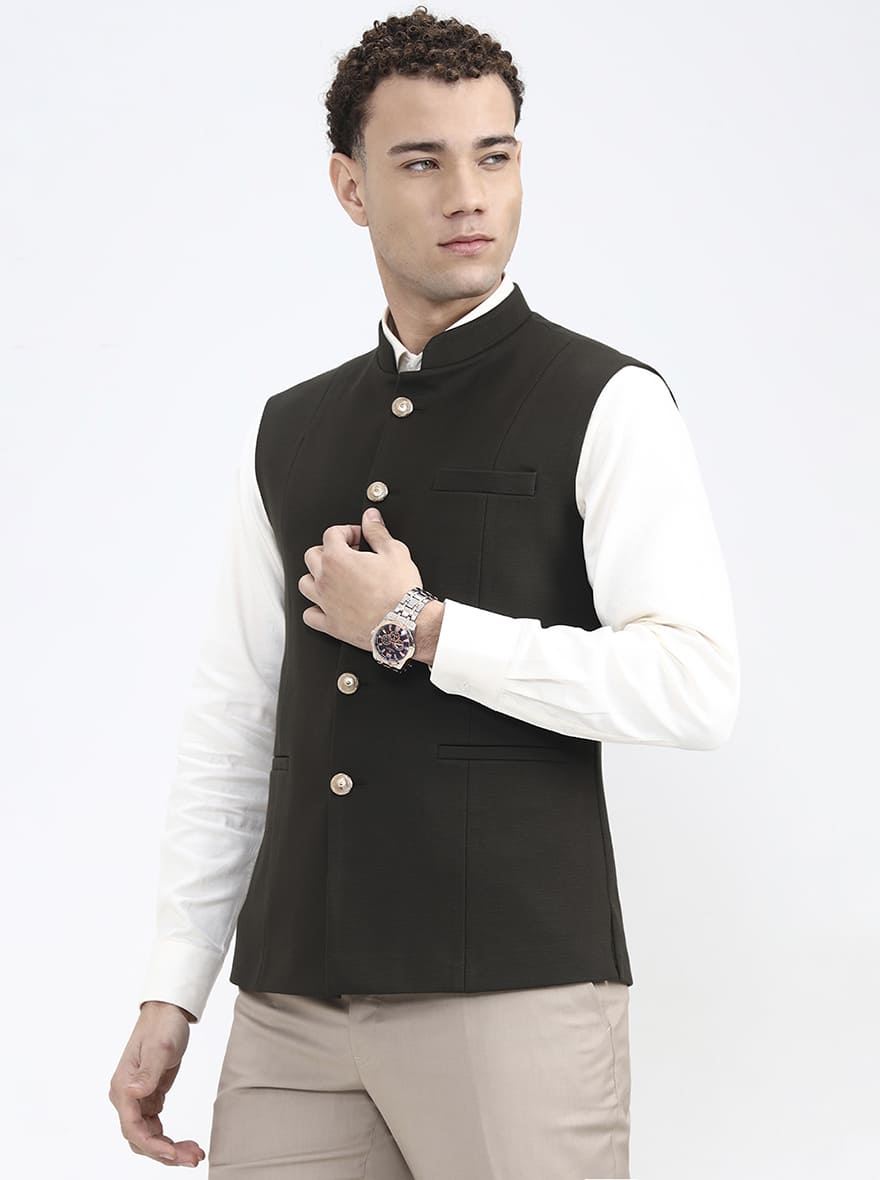 Olive Green Solid Regular Fit Waistcoat | JB X JB