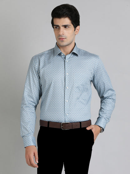 Blue Printed Regular Fit Formal Shirt | JadeBlue