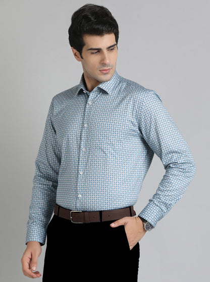 Blue Printed Regular Fit Formal Shirt | JadeBlue