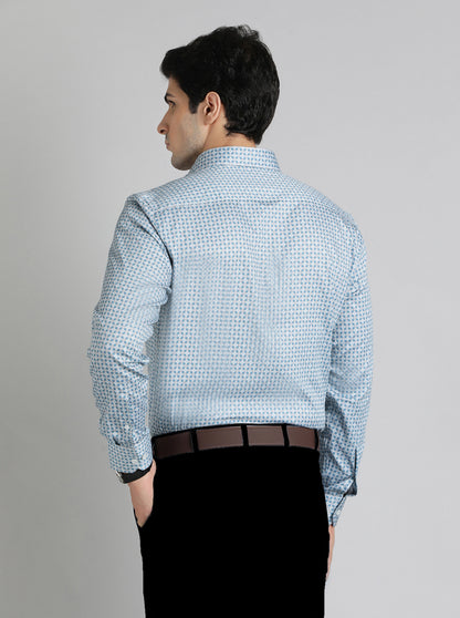 Blue Printed Regular Fit Formal Shirt | JadeBlue