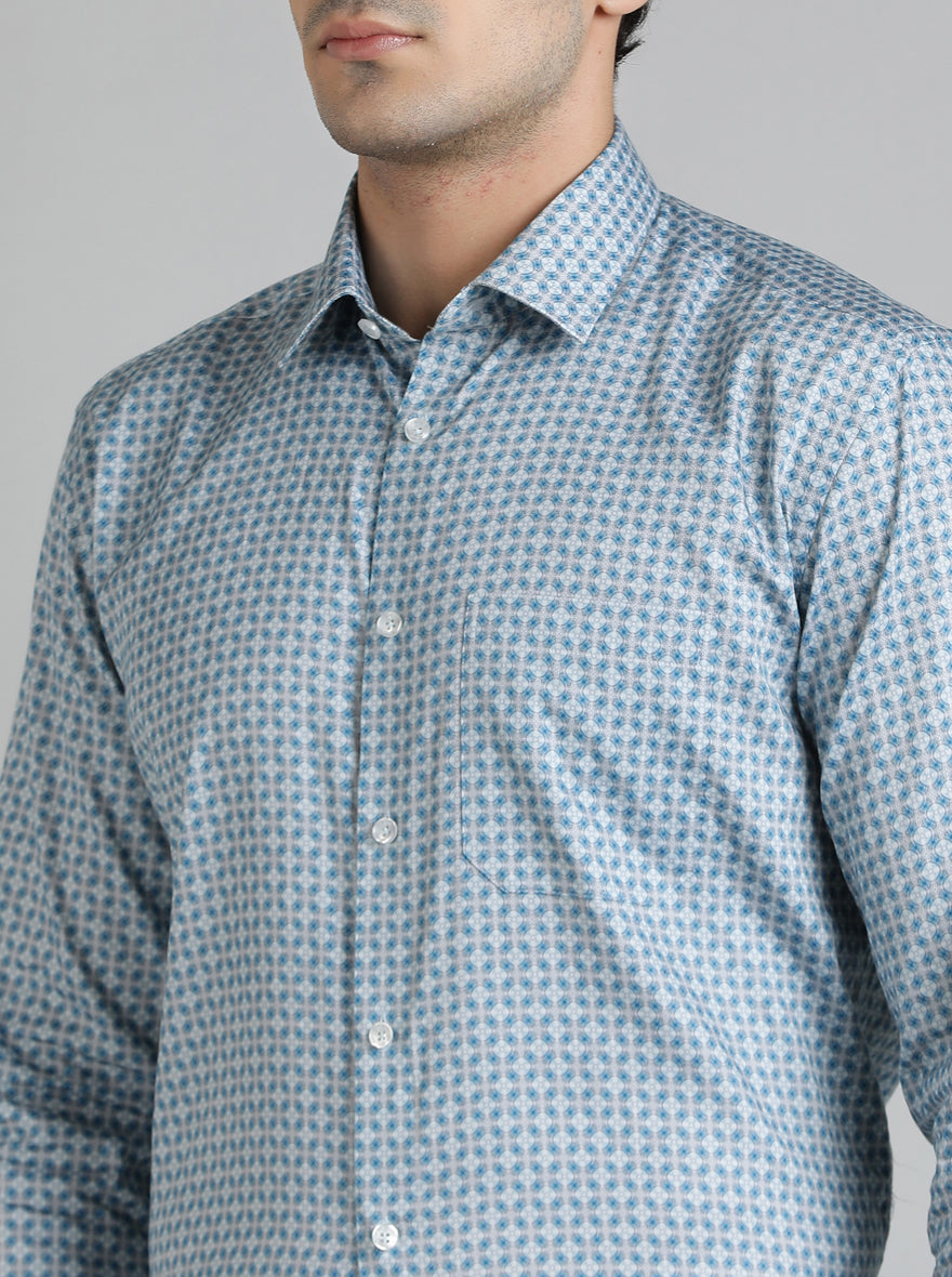Blue Printed Regular Fit Formal Shirt | JadeBlue