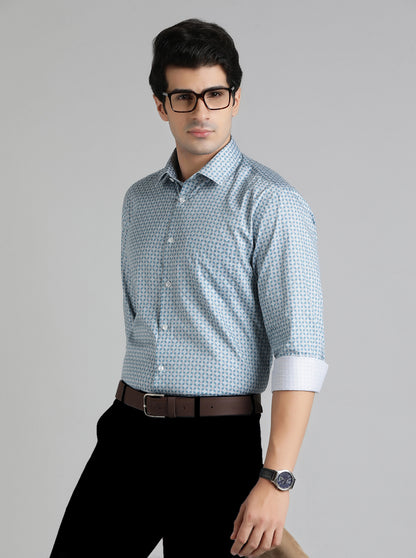 Blue Printed Regular Fit Formal Shirt | JadeBlue