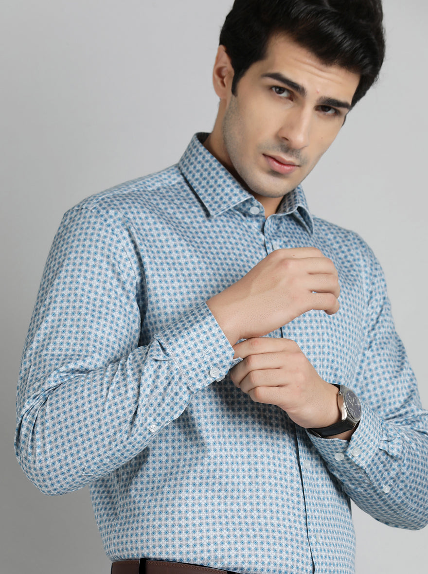 Blue Printed Regular Fit Formal Shirt | JadeBlue