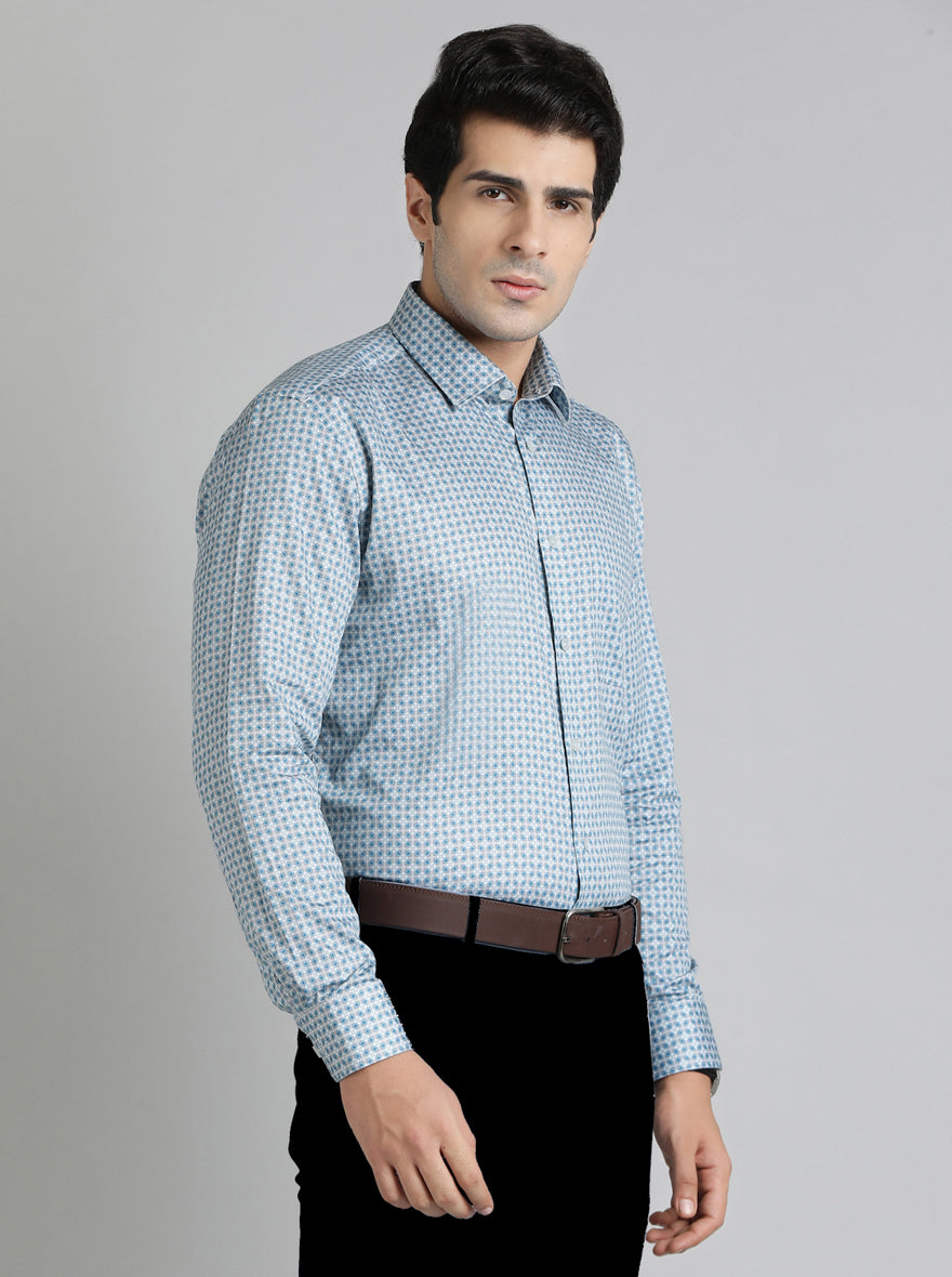 Blue Printed Regular Fit Formal Shirt | JadeBlue