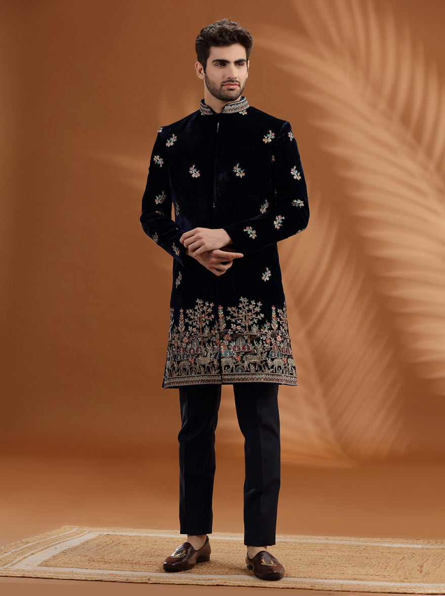Royal Blue Embroidred Indowestern | TULA