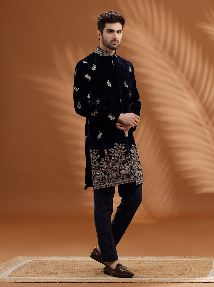 Royal Blue Embroidred Indowestern | TULA