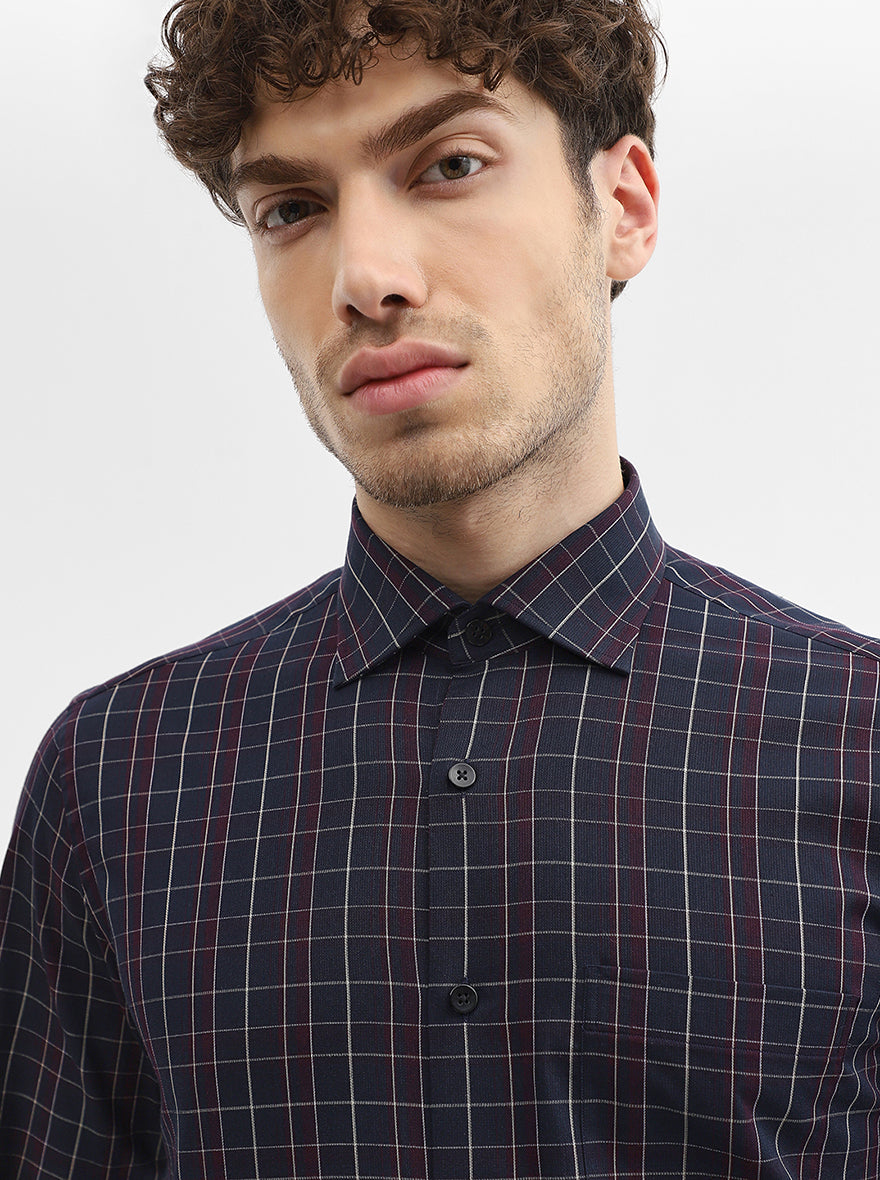 Navy Blue & Maroon Checked Slim Fit Formal Shirt | Metal